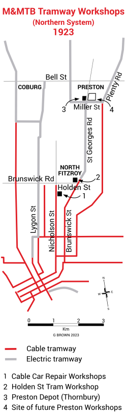 Location of M&MTB workshops, 1923. Map by Geoff Brown.