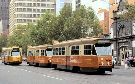 Z1 81 in orange livery in Bourke Street on 21 April 1980. Photograph courtesy Trevor Triplow